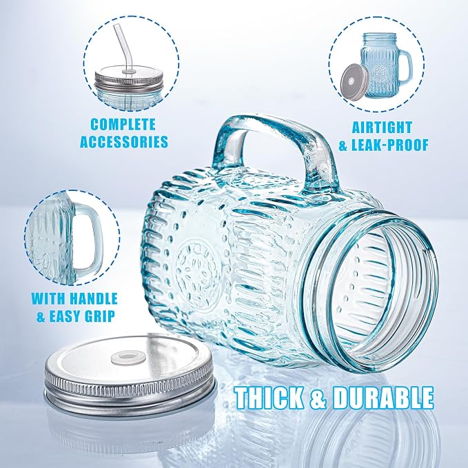 DaYammi Mason Jars with Lids and Straws (Blue, 16, ounces)
