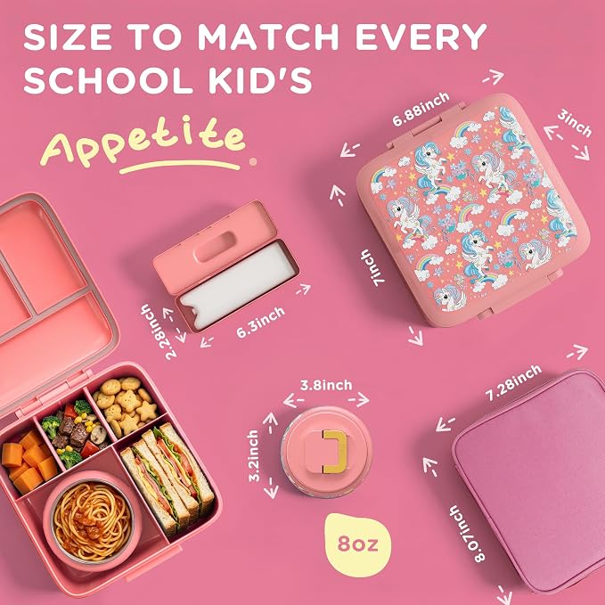 JXXM Bento Lunch Box for Kids With 8oz Soup Thermo,Leak-proof Lunch Containers with 5 Compartment,Thermos Food Jar and Lunch Bag, Food Containers for School (A-Pink(Fantasy Unicorn))