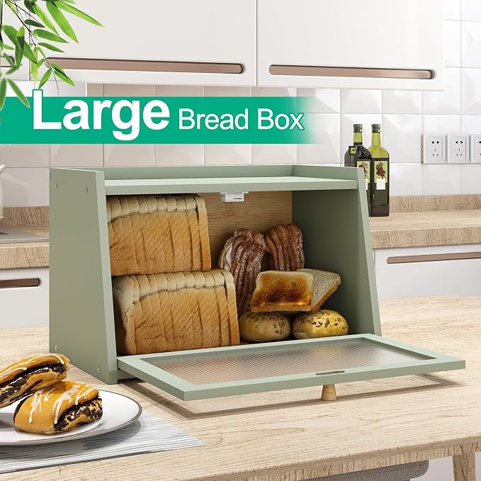 kiplant Green Bread Box for Kitchen Counter, Large Bamboo Bread Storage Container with Wavy Arcylic Door, Bamboo Wooden Farmhouse Bread Box for Your House