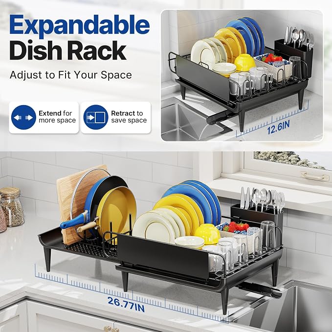 Urackify Expandable Dish Drying Rack with Drainboard for Kitchen Counter | Expands from 16.9 to 26.6 inches to fit more dishes, plates with fast drainage and flexible placement for any sink