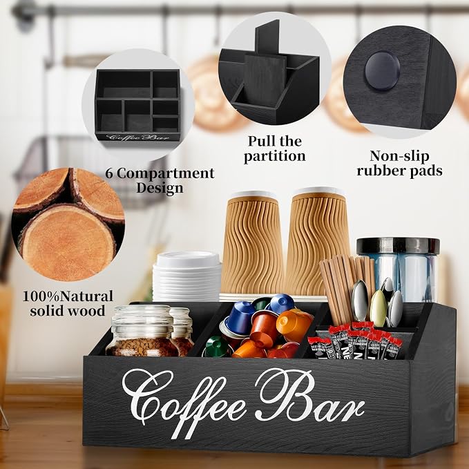 Wood Coffee Station Organizer for Counter | Farmhouse Coffee Bar Organizer | Coffee Pods Holder Bar Accessories | Tea Condiment Storage Basket | Home Decor