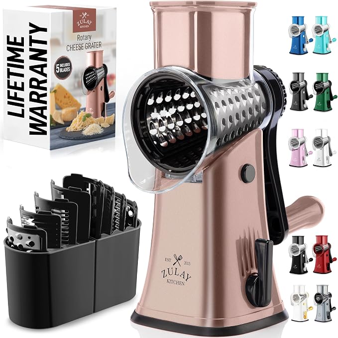 Zulay Kitchen Rotary Cheese Grater 5 Blade Cheese Shredder - Manual Hand Crank Cheese Grater With Reinforced Suction & 5 Interchangeable Drums - Easy to Use, Vegetable Chopper Round Mandoline Slicer