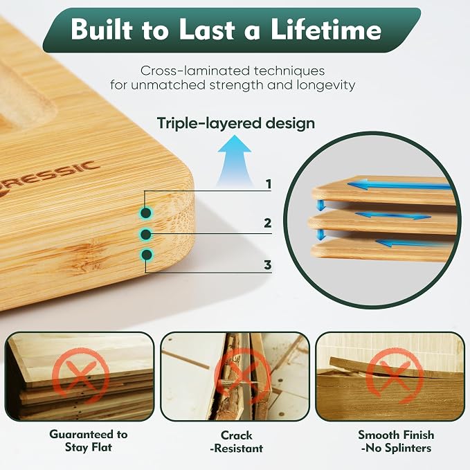 Wood Cutting Board Set Non Slip Feet Over Sink Natural Bamboo Set With Smooth Surface Knife-Friendly and Easy Storage Set of 2 Medium - Small Serving Kitchen Gadgets (Natural)
