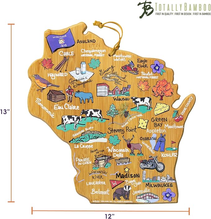 Totally Bamboo Wisconsin State Shaped Cutting Board, Art by Fish Kiss | State charcuterie board with colorful hand-drawn map artwork. Smooth reverse side for food prep. Hang tie for wall display.