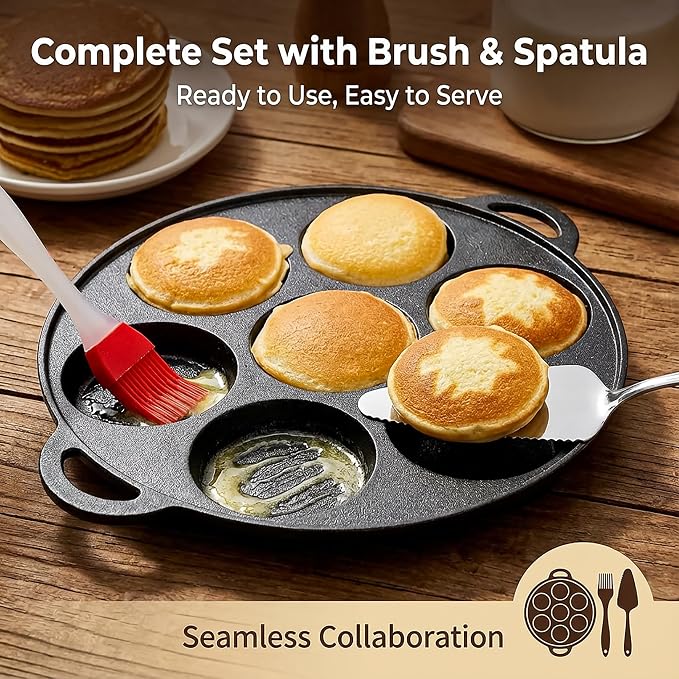 Hiceeden Cast Iron Muffin Pan, 7 Impressions Biscuit Pan with Handle, Pancake Mini Cake Pan with Spreader and Shovel for Baking Dessert, Cupcake
