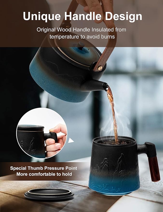suyika Ceramic Tea Cup with Infuser and Lid, Matte Black 15.2 oz / 450 ml | Gradient Embossed, Large Tea Mug, Wooden Handle