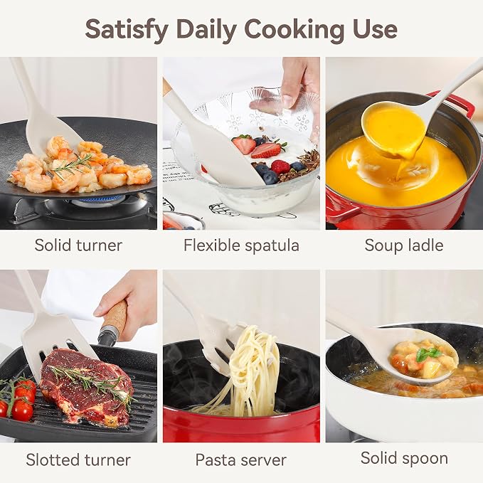 NCUE 6-Pcs Silicone Kitchen Utensils Set Wood Handle BPA-Free Food Grade (Khaki, 6 Piece)