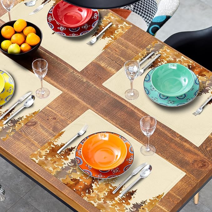 Fall Forest Placemats Set of 4 18x12 Inch Autumn Tree Linen Place Mats Heat-Resistant Washable Wipeable Orange Pine Tree Table Mat for Party Kitchen Dining Room Dinner Table Decor