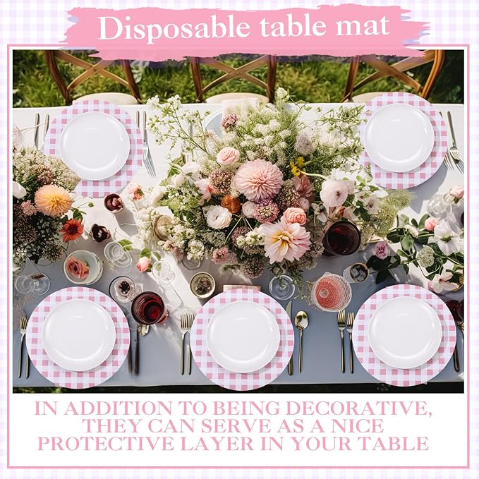 Funnymoom 60 Pcs Pink and White Gingham Disposable Paper Placemats Round Table Place Mat Summer Checkered Decorative Paper for Baby Shower Wedding Birthday Party Dinner Table Decor