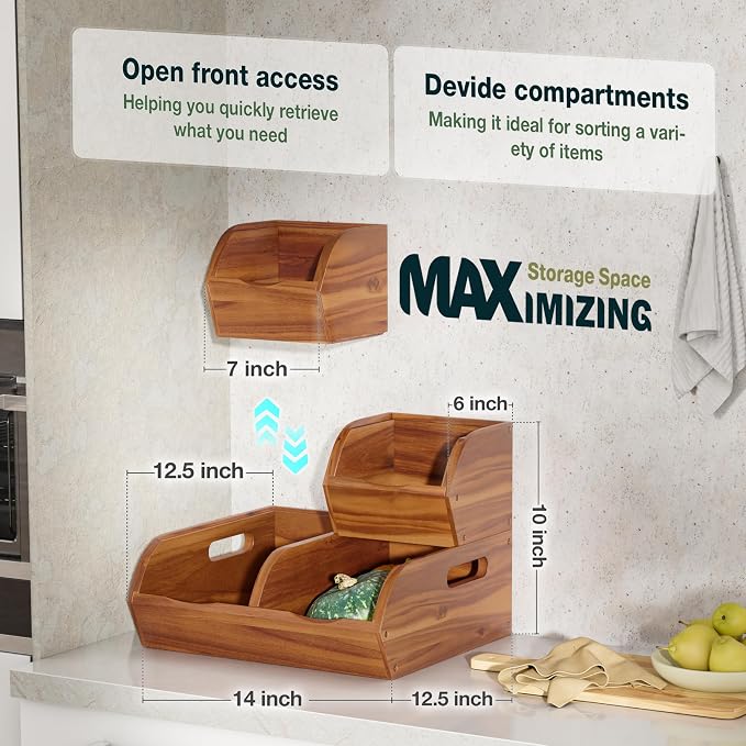 Acacia Pantry Storage Bins, Stackable Potato and Onion Organizer | Easy Assembly With Included Hardware – Stack 3 Modular Bins Or Use Separately For Flexible Storage And Open-Front Access