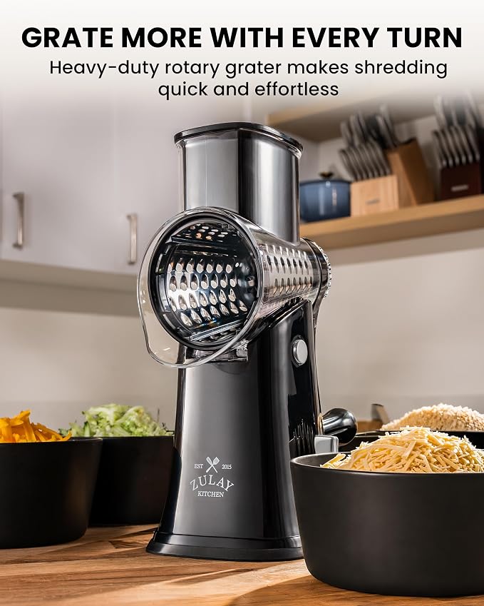 Zulay Kitchen Rotary Cheese Grater 5 Blade Cheese Shredder - Manual Hand Crank Cheese Grater With Reinforced Suction & 5 Interchangeable Drums - Easy to Use, Vegetable Chopper Round Mandoline Slicer