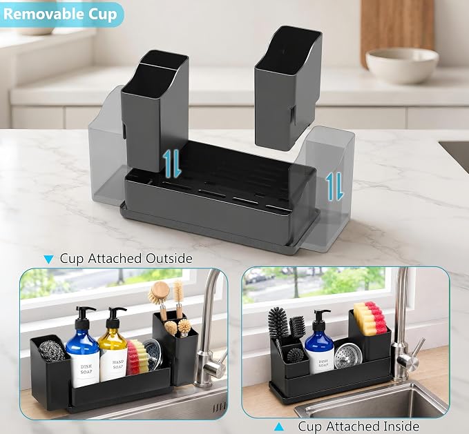 Sponge Holder for Kitchen Sink with Drying Stone, Black | Kitchen Caddy Sink Organizer, 2 Removable Cups, Premium ABS, Anti-Slip, 12.7" Sponge and Soap Holder for Kitchen Counter