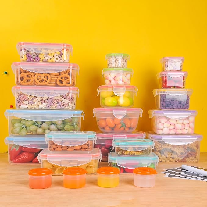 RockBerry 46 PCS Food Storage Containers with Lids Airtight- Plastic Container for Pantry Kitchen Organization-Microwave Dishwasher,Freezer Safe 100% Leak Proof (23 Stackable Boxes-23 Lids)