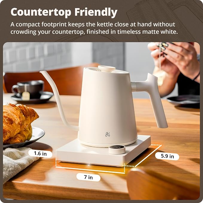 Greater Goods Gooseneck Electric Kettle, 1200W Temperature Control, 0.8L | Pour-Over & Tea Kettle with Stainless Steel Interior, Built-In Brew Timer, Fast Heating for Chemex, V60, & Matcha (White)