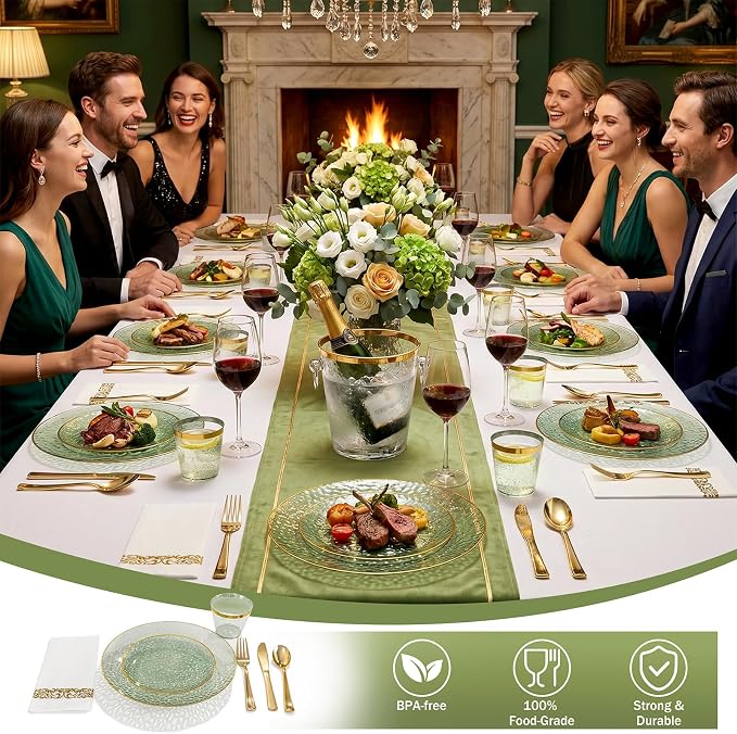 DaYammi 350PCS Sage Green Plastic Dinnerware Set, Plastic Plates Disposable Hammered Disposable Plates for Party, Include: 50 Dinner Plates 50 Dessert Plates 150 Gold Silverware 50 Napkins 50 Cups