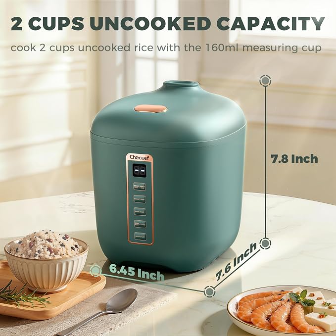 CHACEEF Rice Cooker 2 Cups Uncooked, 1.2L Portable Rice Cooker Small, Green | Smart Control, Non-Stick Pot, 24H Timer & Keep Warm, Multifunction for Soup, Oatmeal & Grain, Ideal for Dorm, Office & Travel