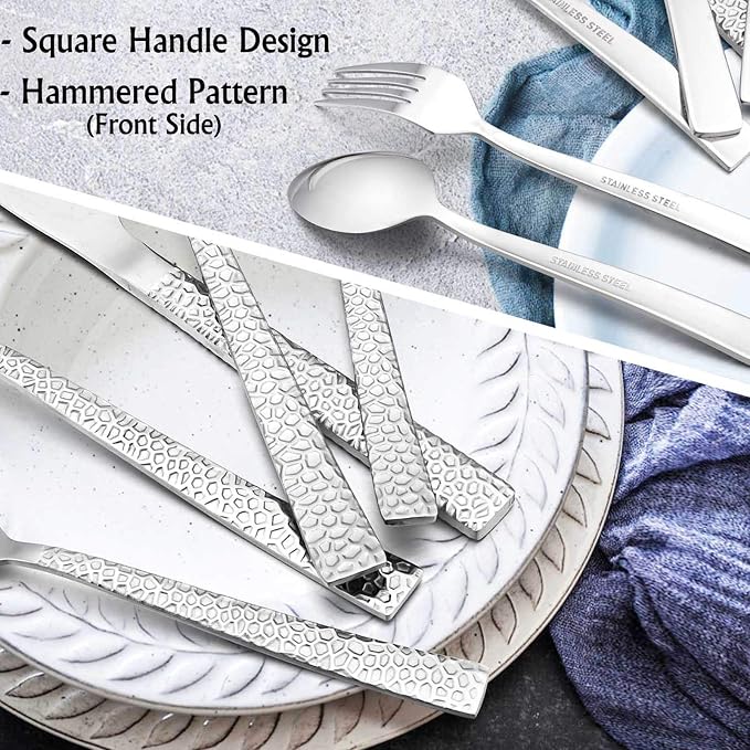 E-far Hammered Silverware Set for 8, 40 Pcs Stainless Steel Flatware Set | Includes Forks/Spoons/Dinner Knives, Cutlery Set for Home, Party, Wedding, Mirror Polished & Dishwasher Safe