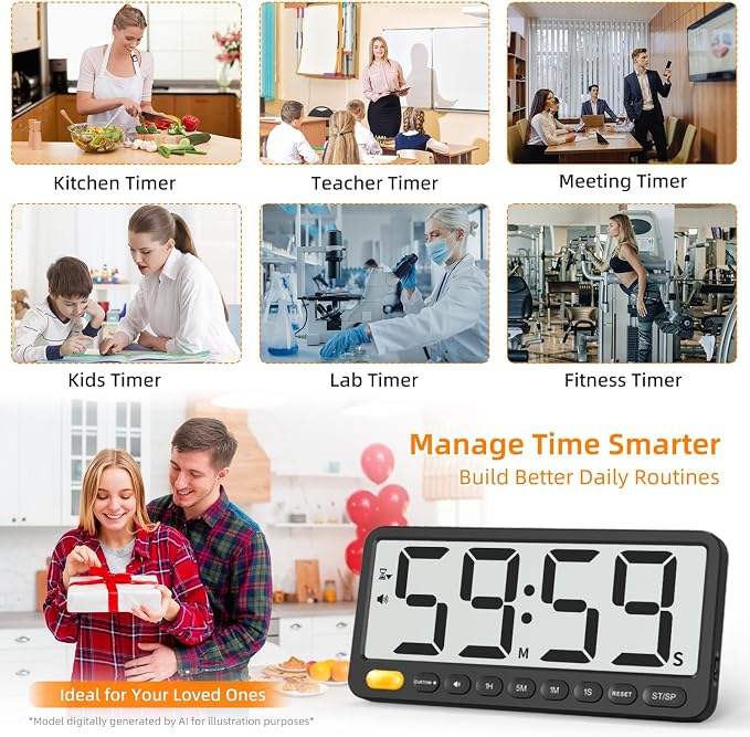 7.6'' Large Digital Kitchen Timer - 99H Countdown and Visual Light Alert | Big LCD Magnetic Timer, 4 Volume, Overtime Tracking, Battery Operated Count-Up Stopwatch for Cooking Gym Classroom