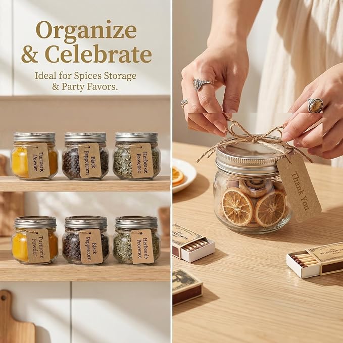8 oz Mason Jars with Airtight Silver Lids - 30 Pack Small Glass Jars Set with Labels, Twine & Mesh Bags - Wide Mouth Canning Jars for Party Favors, Baby Shower, Wedding & Bulk Crafts