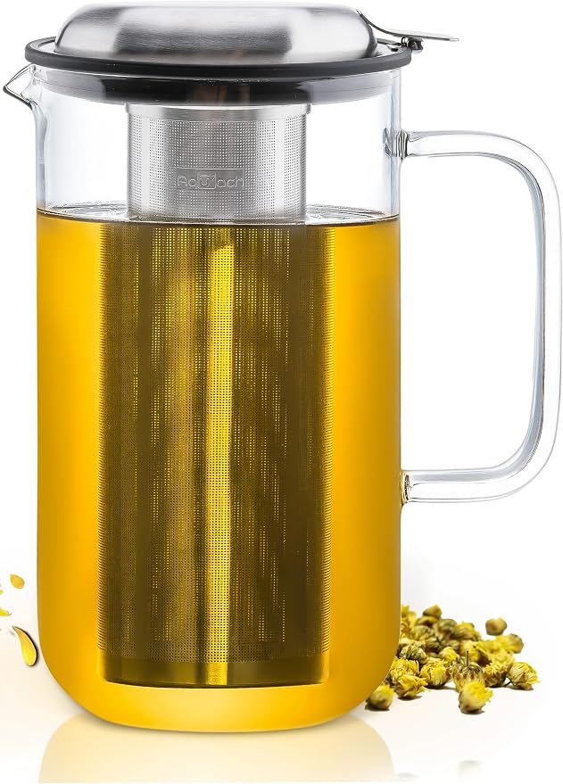 Aquach 51oz Glass Teapot with Infuser, Stovetop Safe Borosilicate Tea Pot | Dishwasher Safe, Plastic-free, Precise Loose Leaf Filter, Easy-clean Opening, Sharing Capacity