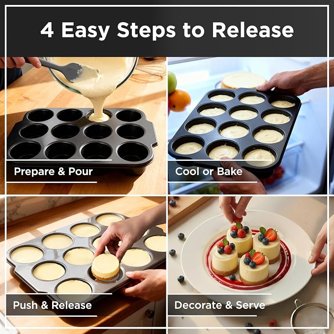 Wrenbury Pro Mini Cheesecake Pan - Nonstick Carbon Steel, Removable Bottom, 12 Cup, 3-Inch, Easy Clean, PFOA-Free