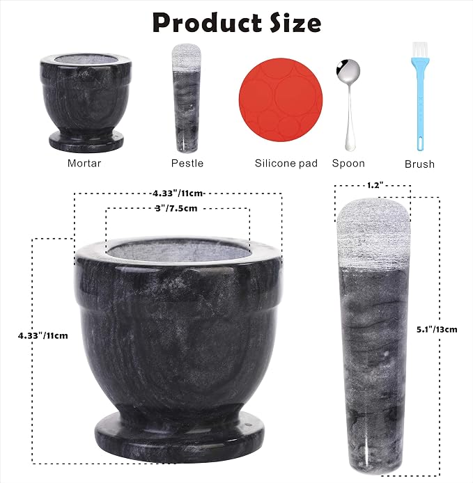 Mortar and Pestle Marble Set for Spices Pestos Seasonings Pastes Guacamole Bowl Herb Grinder Easy to Clean Included:Silicone Mat,Brush,Stainless Steel Spoon 4.33inch(Small,Black Gray)