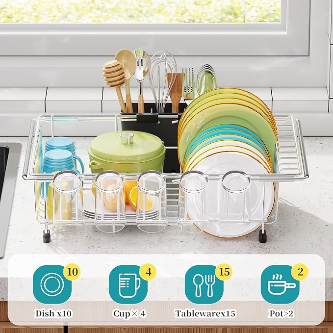 Simple Trending Adjustable Dish Drying Rack in Sink with Utensil Holder | Expandable Dish Rack, Dish Drainer Over Sink for Small Kitchen, Space Saving, Fast Drain, Non-Slip Feet, Fit Most Sink