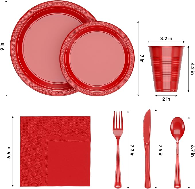 350 Pcs Red Plastic Plates For Party, Red Disposable Plates Set, 50 Of Each 9" Dinner Plate Set, 7" Dessert Plate, Cups, Napkins & Cutlery Plastic Dinnerware Set Exquisite