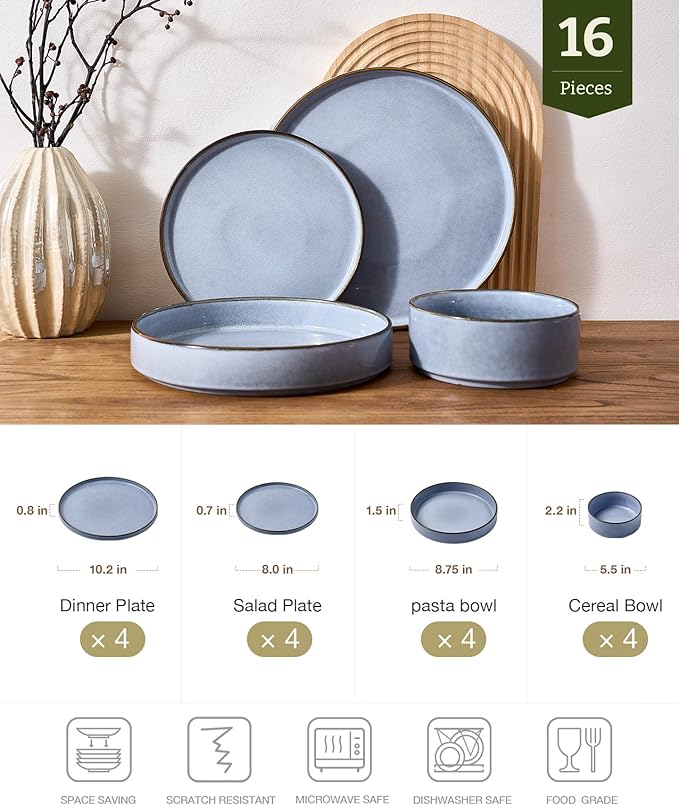 Famiware Annecy 16-Piece Stoneware Plates and Bowls, Reactive Blue | Reactive Glaze Dinnerware Set with Pasta Bowls, Service for 4 - Chip & Scratch Resistant, Microwave & Dishwasher Safe
