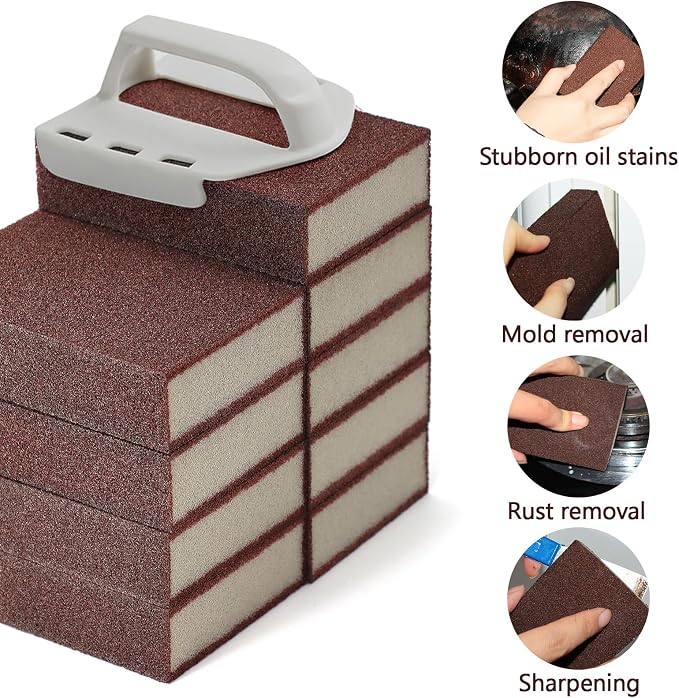 6 Pack Magic Carborundum Sponge with 1 Handle Rust Scrubber for Cookware | High Density Emery Pads Remove Burnt Grease Grime on Pots Pans Sinks Grills Stovetops Kitchen Bathroom Surfaces, Metal Tools