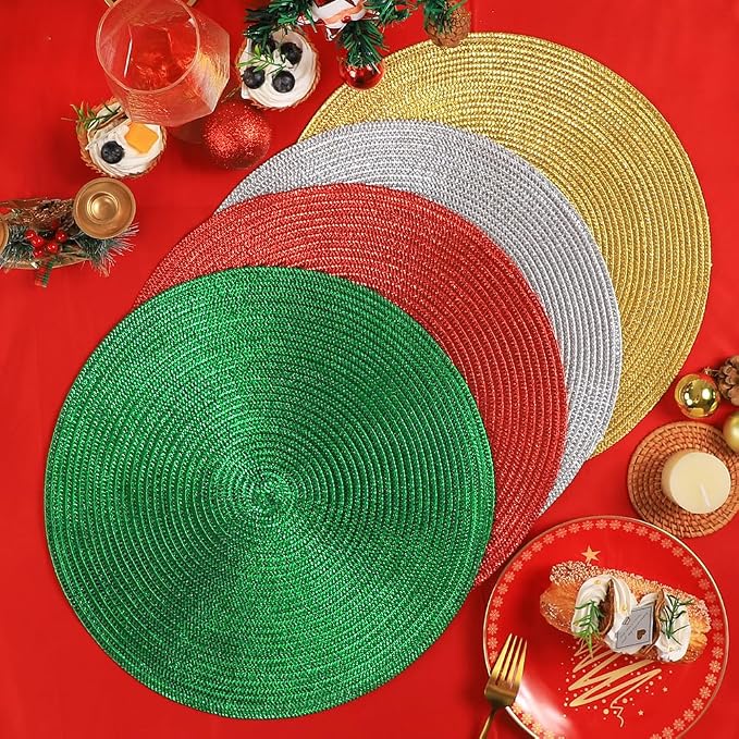 Zupro Round Golden Placemats Set of 6 Braided 15" Indoor/Outdoor Use | Heat Resistant Non-Slip Washable,for Kitchen Dining Tables Dinner Parties Thanksgiving Christmas and Everyday Use.
