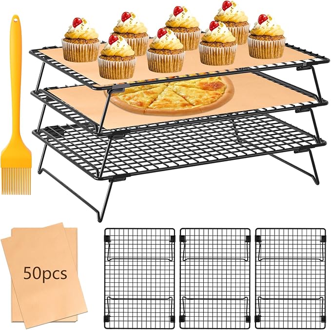 3-Tier Baking Cooling Rack with Legs, 13"x 9" w/50 Parchment Paper | Stackable Cooling Racks for Baking w/Pastry Brush, Collapsible Wire Rack for Cooling Cookies, Cakes, Bread, Dishwasher Safe