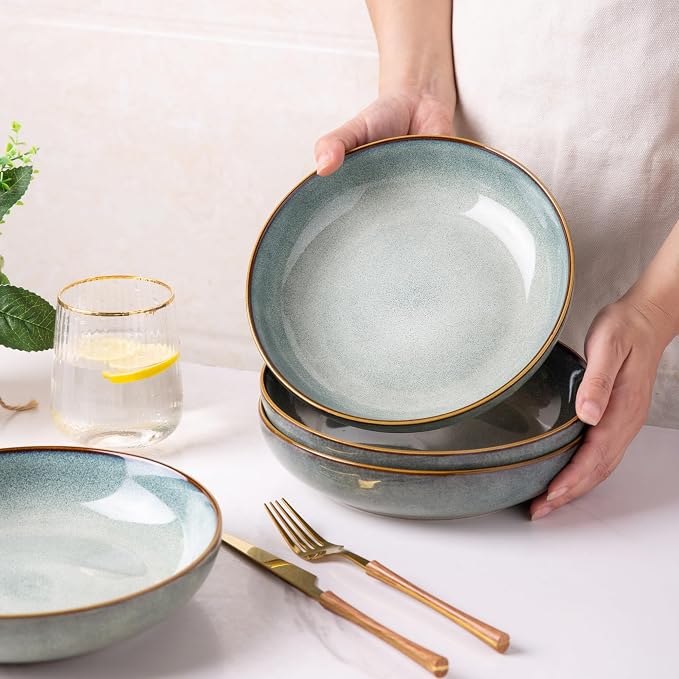 AmorArc 8.5’’ Ceramic Pasta Bowls Set of 4, 36oz Large Stoneware Bowls Set | Large Dinner Serving Bowls Set, Wide Bowl Plate for Pasta,Salad, Soup, Microwave Safe, Reactive Glaze-Ocean Blue