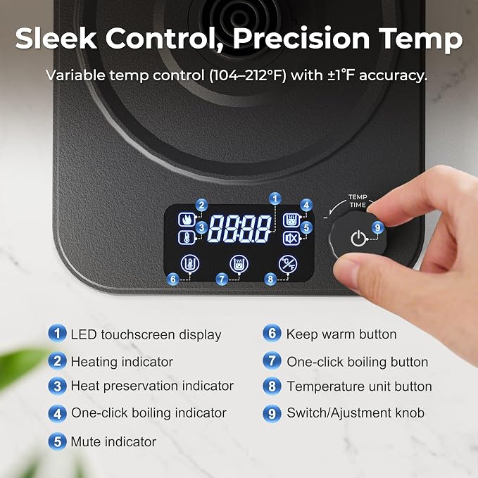 Gooseneck Electric Kettle, ±1°F Temperature Control Electric Kettle, 1.0L 1200W Fast Heating, 24H Keep Warm, 30Min Auto Memory, Food Grade Stainless Steel, Pour Over Kettle for Coffee and Tea
