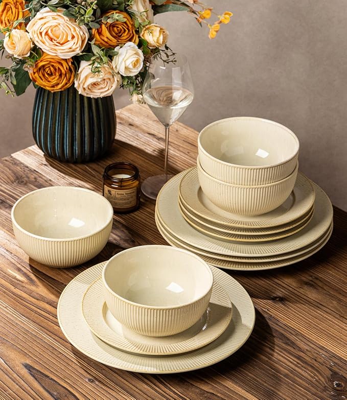 Ceramic Dinnerware Set for 6, 18-Piece Plates and Bowls Set | Lightweight Porcelain Dish Set, Scratch Resistant, Oven & Microwave & Dishwasher Safe, Cream Latte