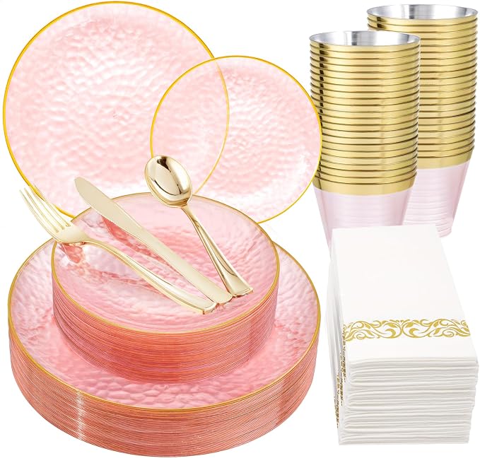 DaYammi 175PCS Clear Pink Plastic Dinnerware Set for 25 Guests, Hammered Disposable Plates for Party, Include: 25 Dinner Plates, 25 Dessert Plates, 75 Gold Silverware, 25 Napkins, 25 Cups