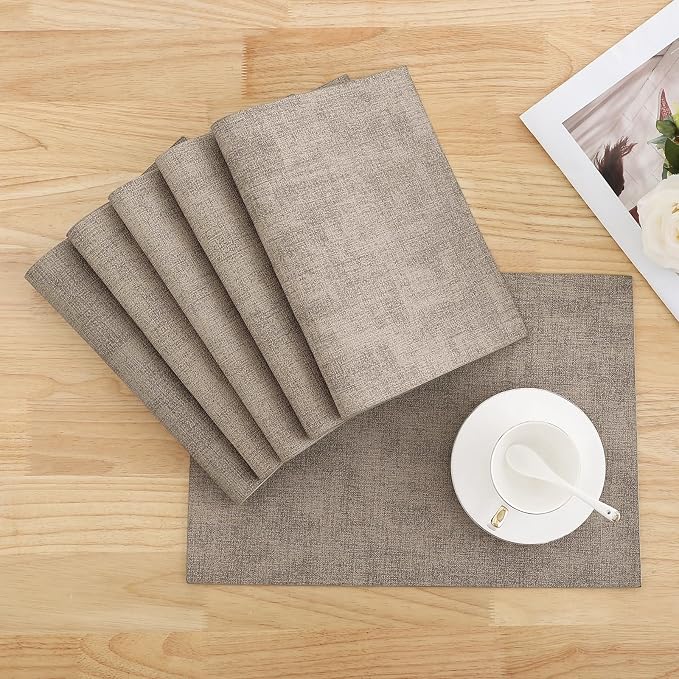 Homaxy PU Faux Leather Placemats for Dining Table, Set of 6, Light Brown | Waterproof Wipeable Washable Table Mats, Easy to Clean Anti-Slip Place Mats, 11.8" x 17"
