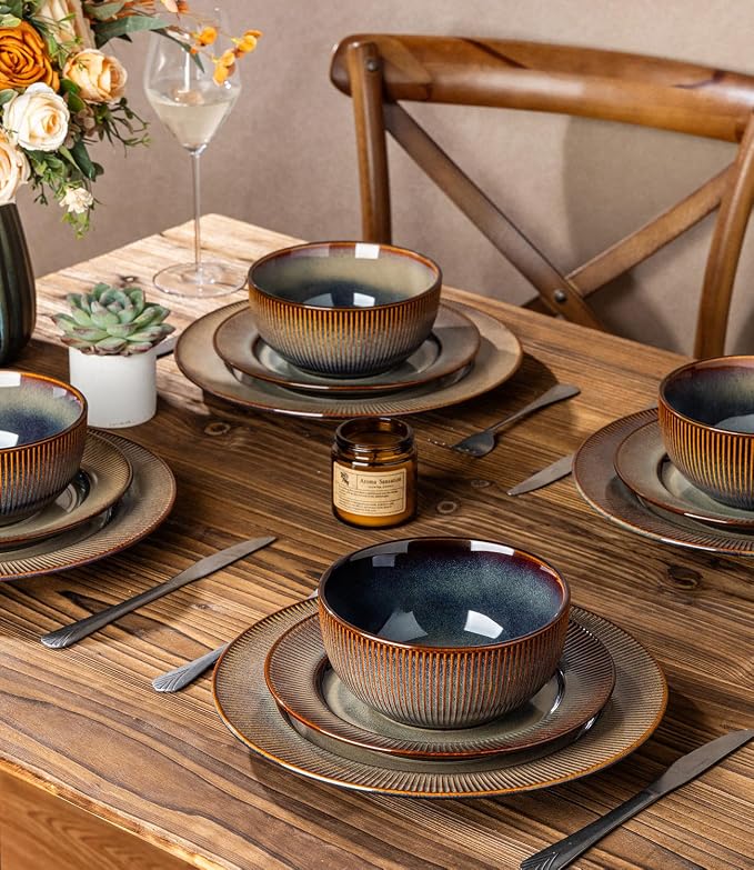 Ceramic Dinnerware Set for 4, 12-Piece Plates and Bowls Set | Lightweight Porcelain Dish Set, Scratch Resistant, Oven & Microwave & Dishwasher Safe, Cocoa Mocha