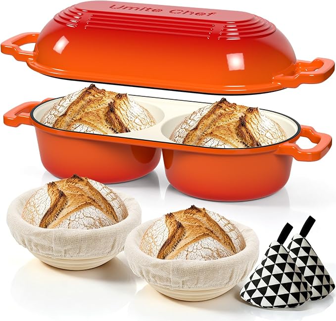 Umite Chef Complete Mini Double Dutch Oven Kit for Sourdough Bread – Enameled Cast Iron Bread Pan with Deep Dual Loaf Pots, Includes 5" Banneton Basket & Cotton Potholders, 500°F Oven Safe (Orange)