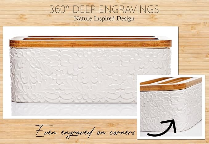 Engraved Ceramic Bread Box for Kitchen Countertop - Multipurpose Bread Storage Container with Thick Bamboo Cutting Board Lid - Elegant Bread Bin with Nature-Inspired Engraving - 13.8" x 7.9" x 5"