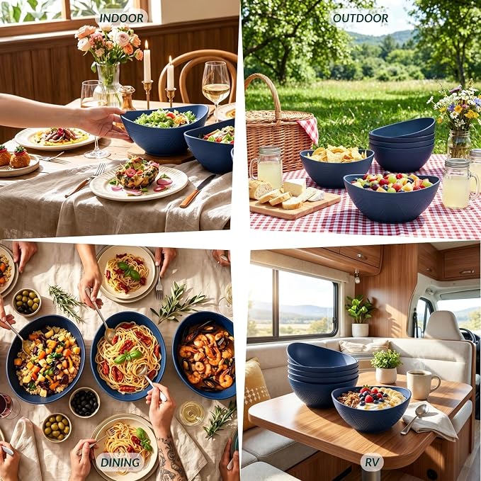 Wheat Straw Bowl Set of 6-60 OZ Large Salad Bowls,Microwave and Dishwasher Safe Bowl Set, Alternative for Plastic Bowls for Serving Soup,Popcorn Bowl for Kitchen - Blue