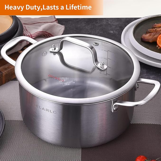 DELARLO Tri-ply Stainless Steel 6 Quart Heavy Duty Induction Stock Pot | Full Clad Stainless Steel Induction Ready 18/10 Heavy Duty Durable Suitable for All Stove Up to 600℉