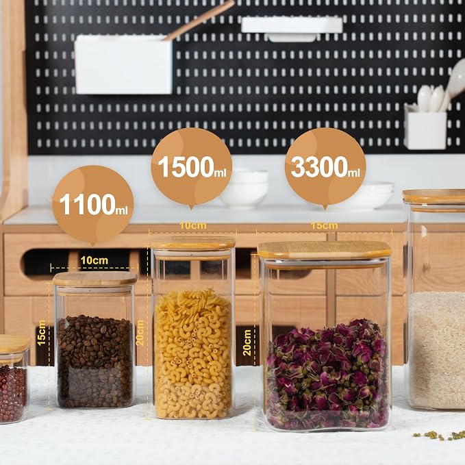 D2scrma 50oz Airtight Glass Square Storage Canister with Bamboo Lid Set of 3 (1500ml) Container Stackable Spice Jar, Kitchen Canister for Flour, Cookies, Cereal and Coffee beans (‎with Black Lable)