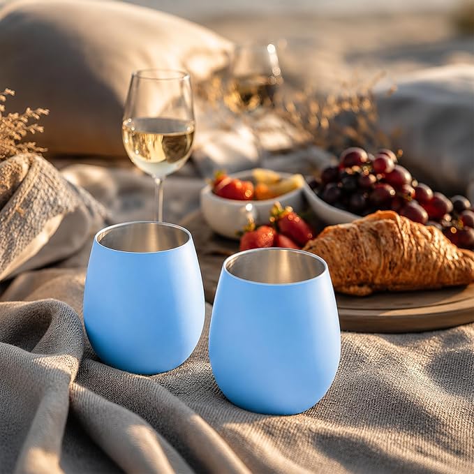 K&K Home Stainless Steel Unbreakable Stemless Wine Glasses - 15 oz - Set of 4 Colored, Stemless Metal Wine Glasses Perfect for Outdoors, Weddings, and Parties (Matte Blue)