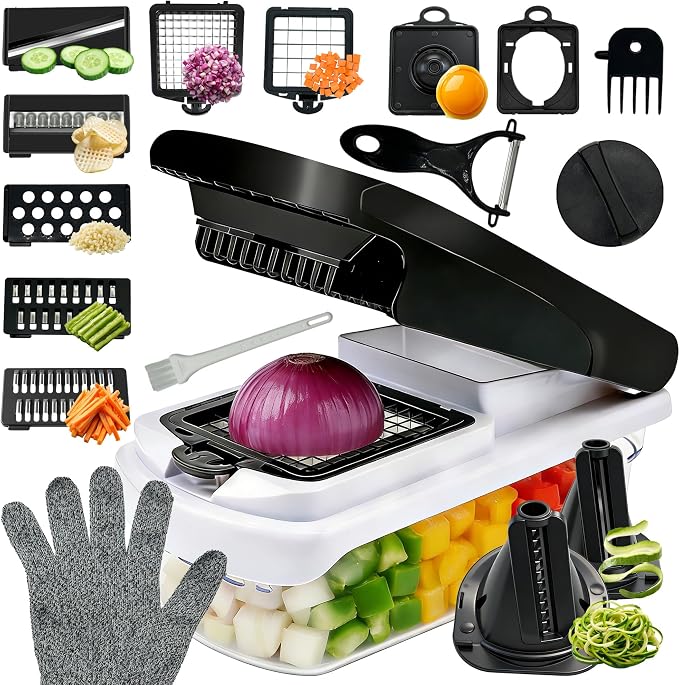 17-in-1 Vegetable Chopper Cutter Mandolin Slicer, Multi-Blade Onion Dicer | Food Chopper with Storage Container, Peeler & Cut-Resistant Glove, for Veggie Salad Meal Prep, Must-Have Kitchen Gadget