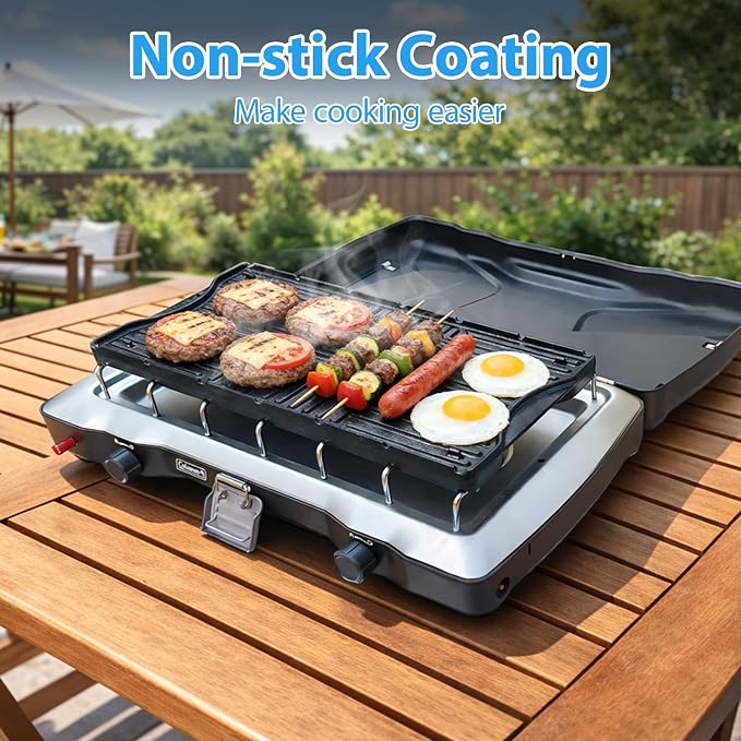 Utheer Ceramic Reversible Griddle for Coleman Cascade & Triton, 17.4 x 8.5 | Flat & Ribbed Camping Griddle with Ceramic Nonstick Surface, Built-In Storage Fit & No-Wobble Base, for 2-Burner Camp Stoves