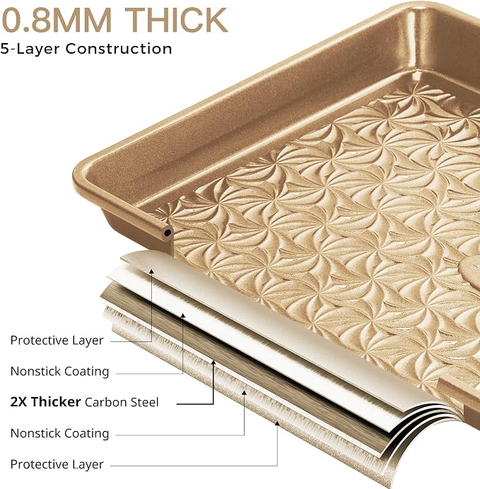 Nonstick Baking Sheet Pan Set of 3, Cookie Sheets for Oven, Non-Toxic Half/Quarter/Jelly Roll Pans with Floral Swirl Texture, Heavy Duty 0.8mm Thick Oven Trays for Cooking, Antique Gold