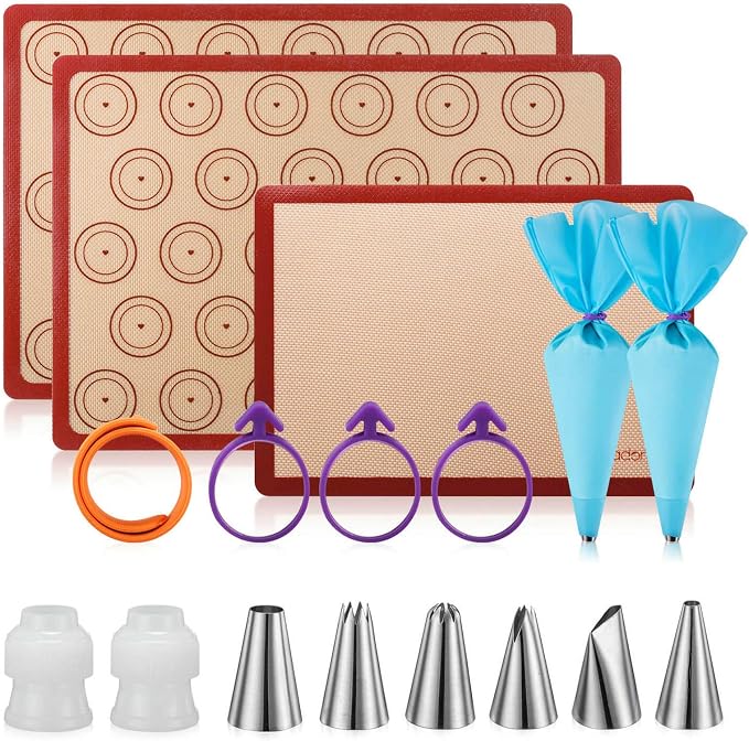 Macaron silicone baking mats - Macaroon Baking suppliers 1 Quarter Sheet + 2 Half Sheet Macaron Baking Mat,Macaron Baking Sheet,2 Piping Pastry Bag with Bag Tie,6 Piping Tips