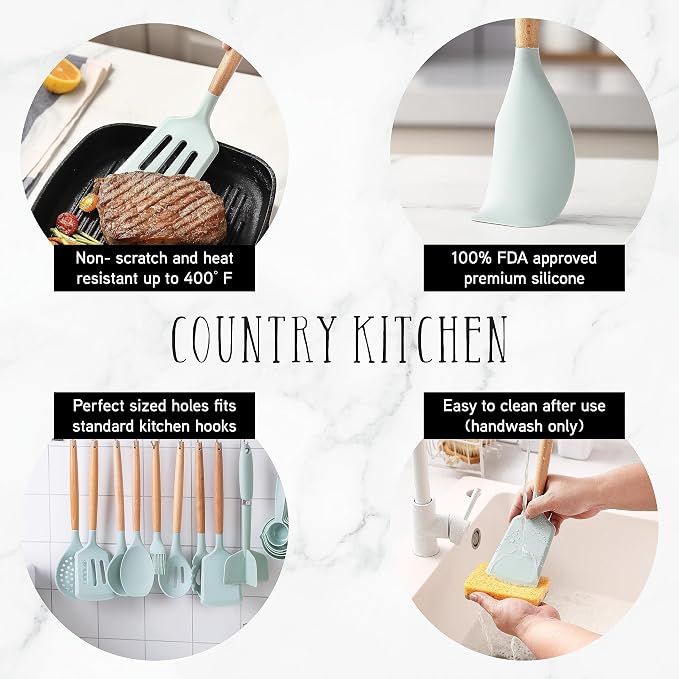 Country Kitchen Non Stick Silicone Utensil Set with Rounded Wood Handles for Cooking and Baking, 38 Piece Set, Mint