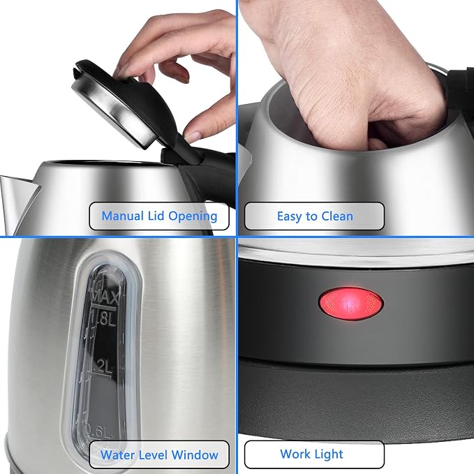 Electric Kettle, Stainless Steel 1.8 L, Fast Boiling, Auto Shut Off | Best For Coffee & Tea, Hot Water Boiler, No Plastic Contact with Water, Boil-Dry Protection, Water Window, LED Light, 1100W